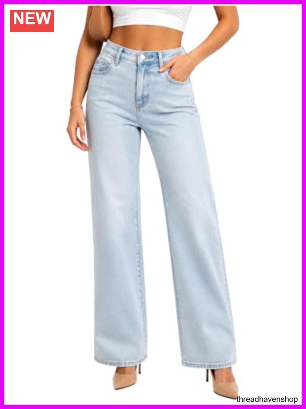 High Waisted Wide Leg Jeans Premium Stretch Denim Relaxed Fit Long